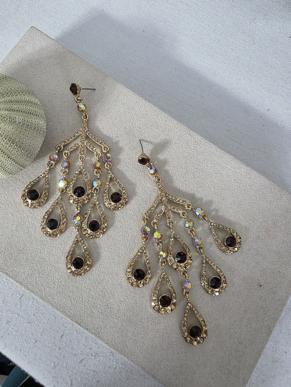 Gold AB Crystal Black Stone Chandelier Statement Earrings - Picture 1 of 9